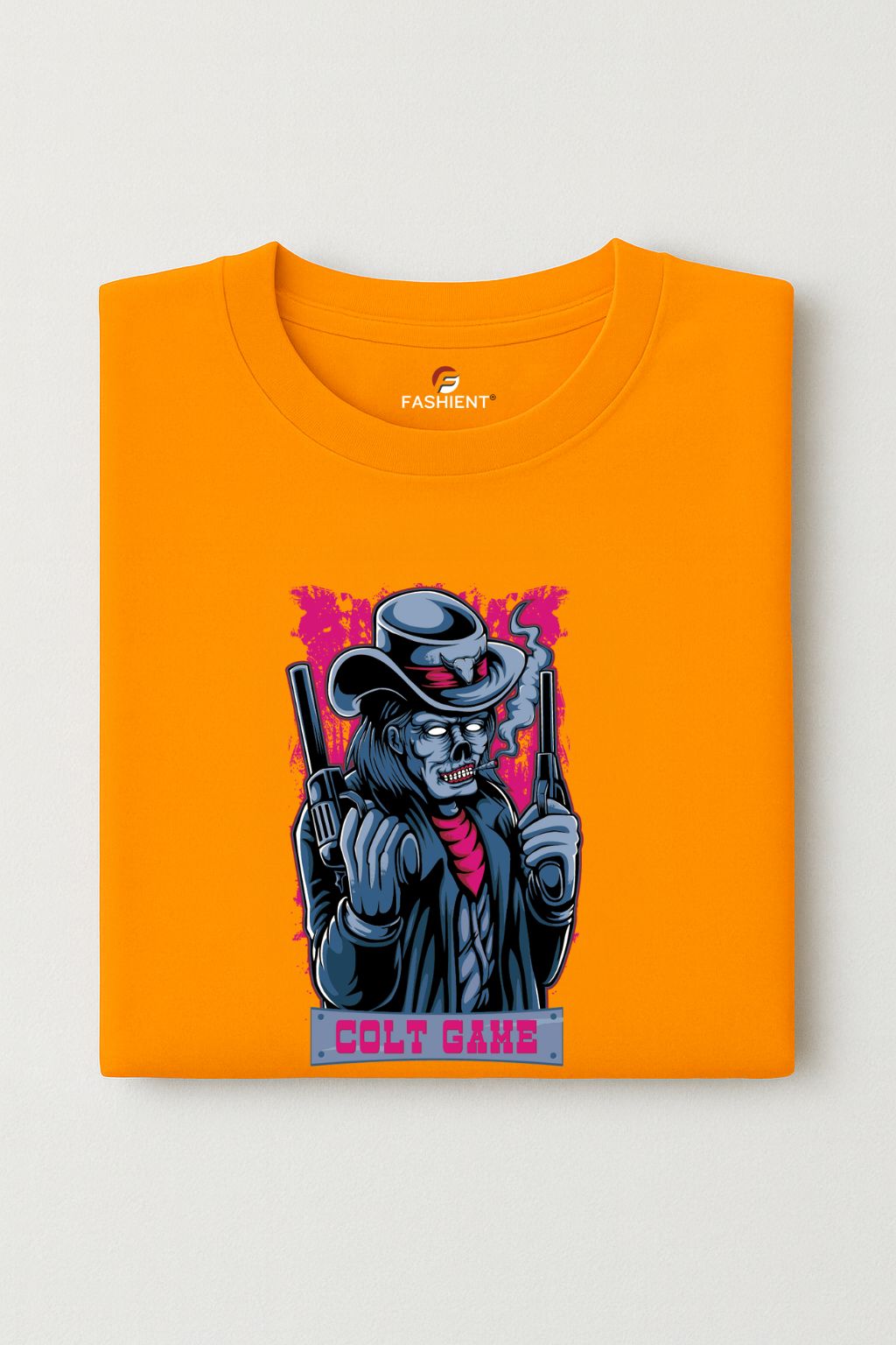 Men's Cotton Printed T-Shirt - "Colt Game" Graphic Half Sleeve Casual Tee - Orange