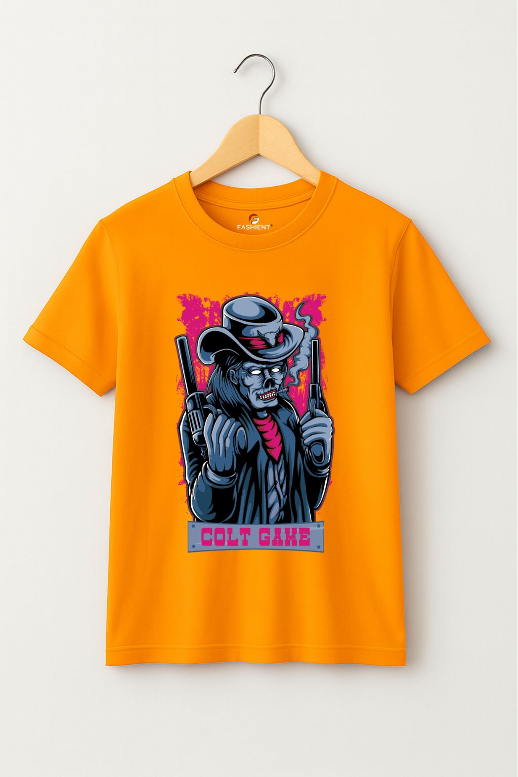 Men's Cotton Printed T-Shirt - "Colt Game" Graphic Half Sleeve Casual Tee - Orange