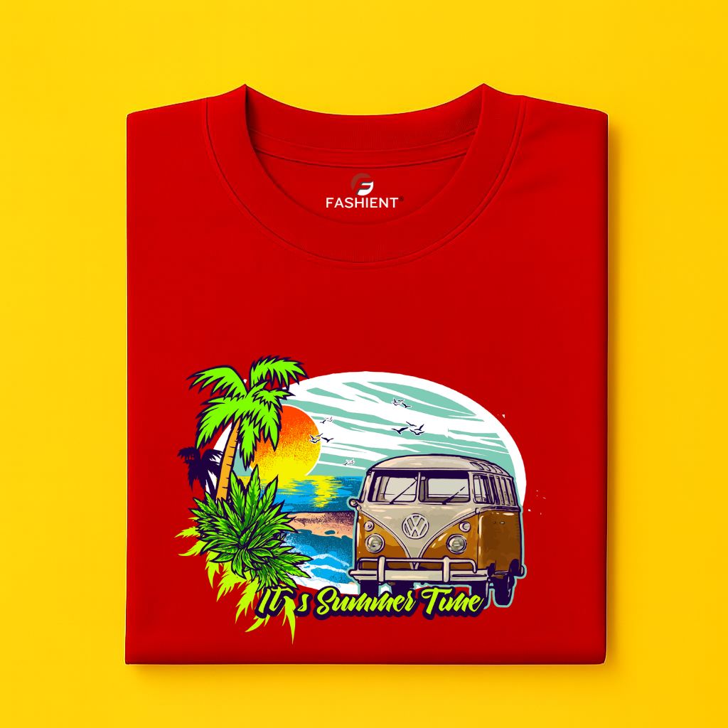 Men's Cotton Printed T-Shirt - "It's Summer Time" Beach Van and Sunset Graphic Half Sleeve Tee - Red