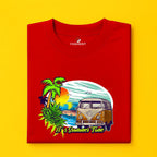 Men's Cotton Printed T-Shirt - "It's Summer Time" Beach Van and Sunset Graphic Half Sleeve Tee - Red