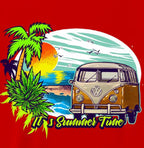 Men's Cotton Printed T-Shirt - "It's Summer Time" Beach Van and Sunset Graphic Half Sleeve Tee - Red