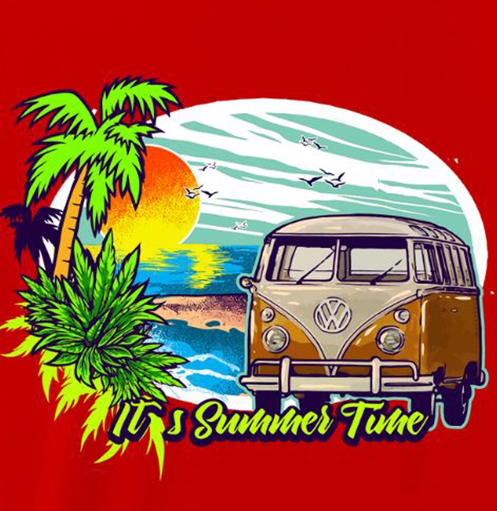 Men's Cotton Printed T-Shirt - "It's Summer Time" Beach Van and Sunset Graphic Half Sleeve Tee - Red