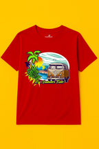 Men's Cotton Printed T-Shirt - "It's Summer Time" Beach Van and Sunset Graphic Half Sleeve Tee - Red