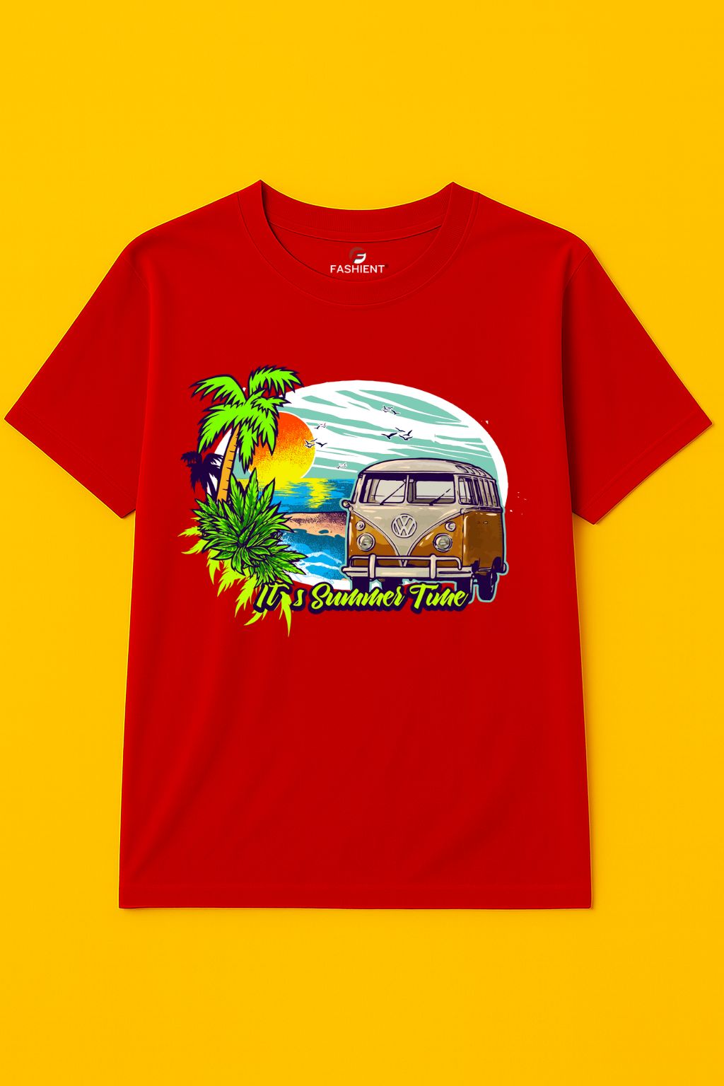 Men's Cotton Printed T-Shirt - "It's Summer Time" Beach Van and Sunset Graphic Half Sleeve Tee - Red