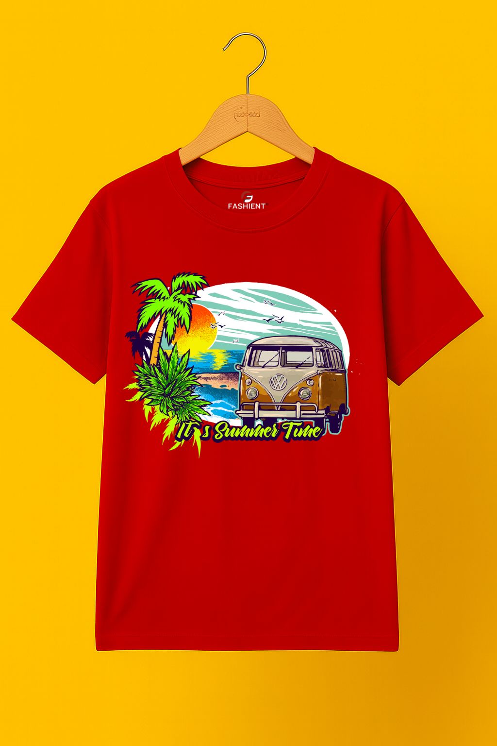 Men's Cotton Printed T-Shirt - "It's Summer Time" Beach Van and Sunset Graphic Half Sleeve Tee - Red