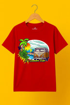Men's Cotton Printed T-Shirt - "It's Summer Time" Beach Van and Sunset Graphic Half Sleeve Tee - Red