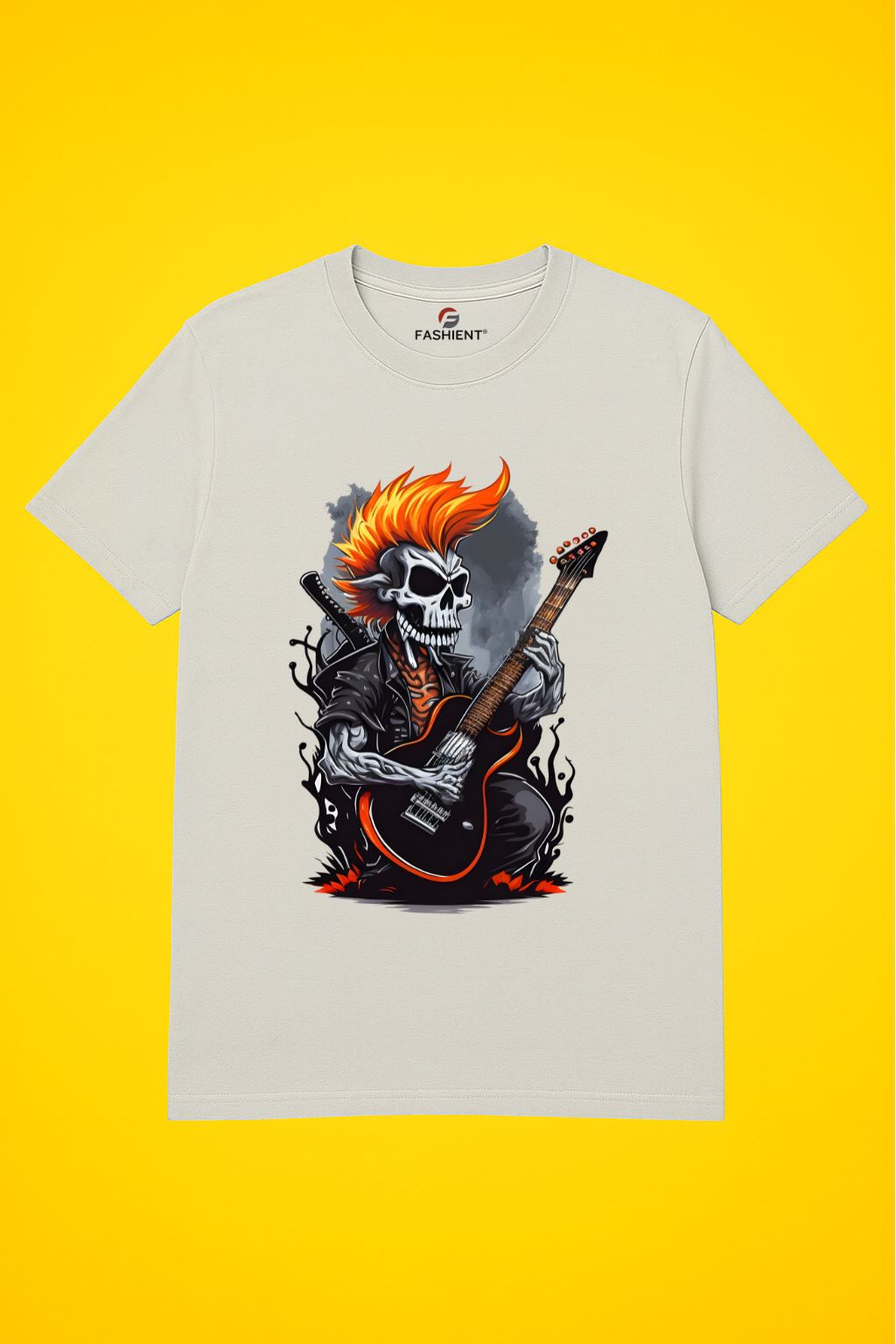 Men's Cotton Printed T-Shirt - "Rock Skull Guitarist" Music Graphic Half Sleeve Tee - Green