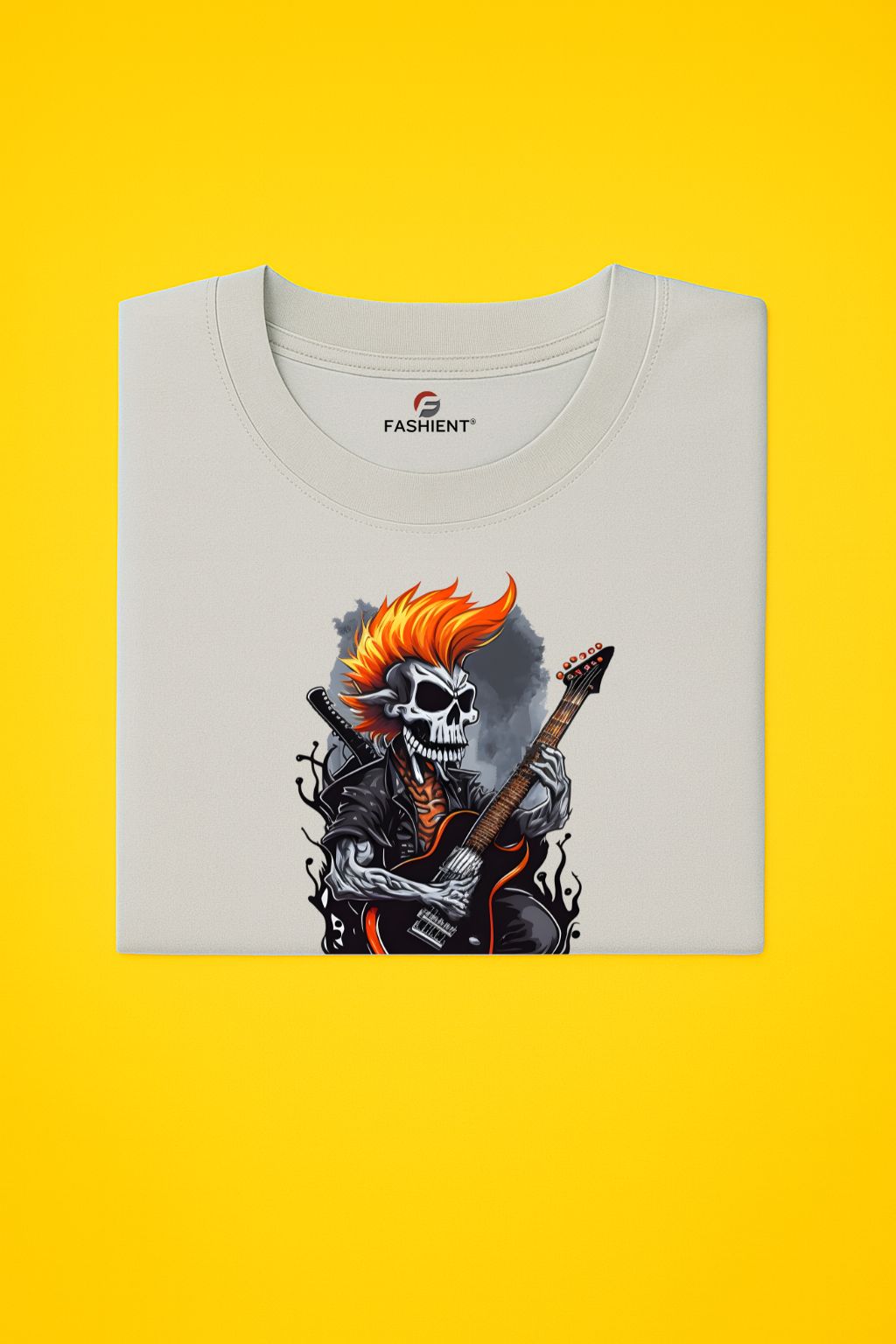 Men's Cotton Printed T-Shirt - "Rock Skull Guitarist" Music Graphic Half Sleeve Tee - Green