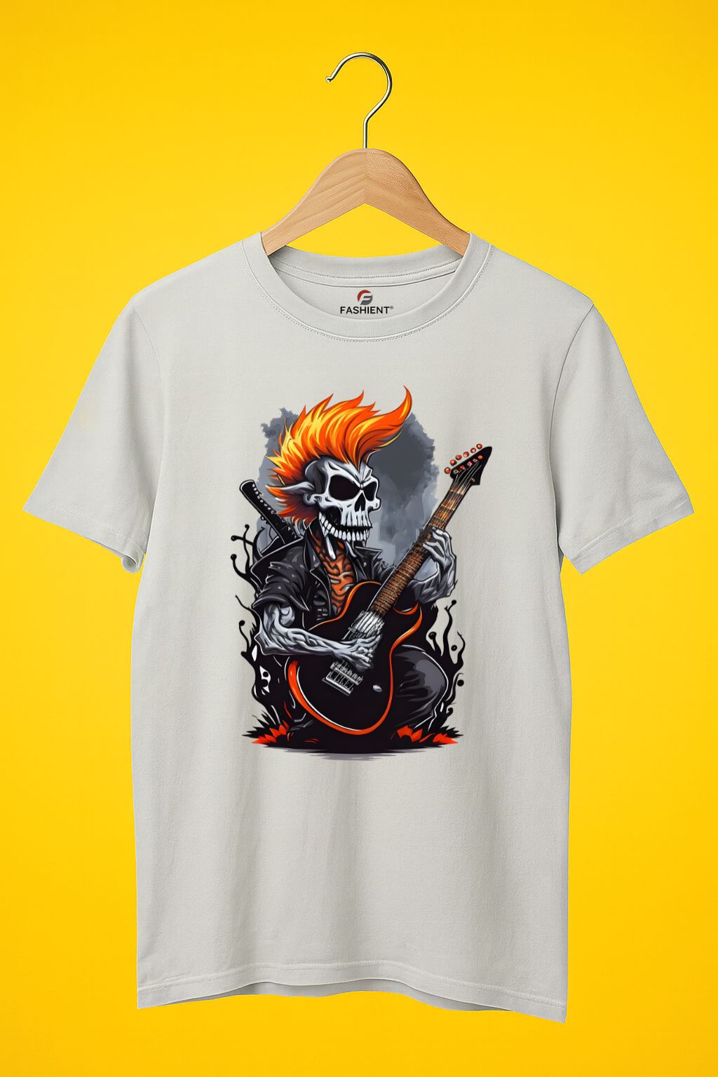 Men's Cotton Printed T-Shirt - "Rock Skull Guitarist" Music Graphic Half Sleeve Tee - Green