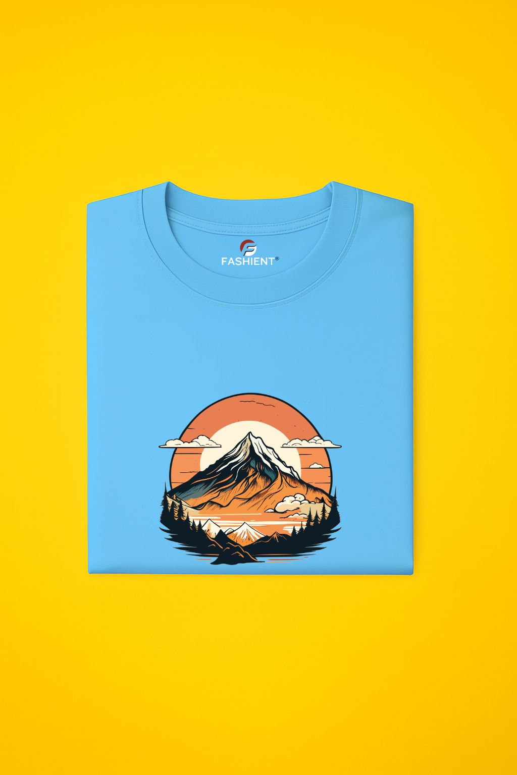 Men's Cotton Printed T-Shirt - "Mountain Sunset Adventure" Nature Graphic Half Sleeve Tee - Skyblue