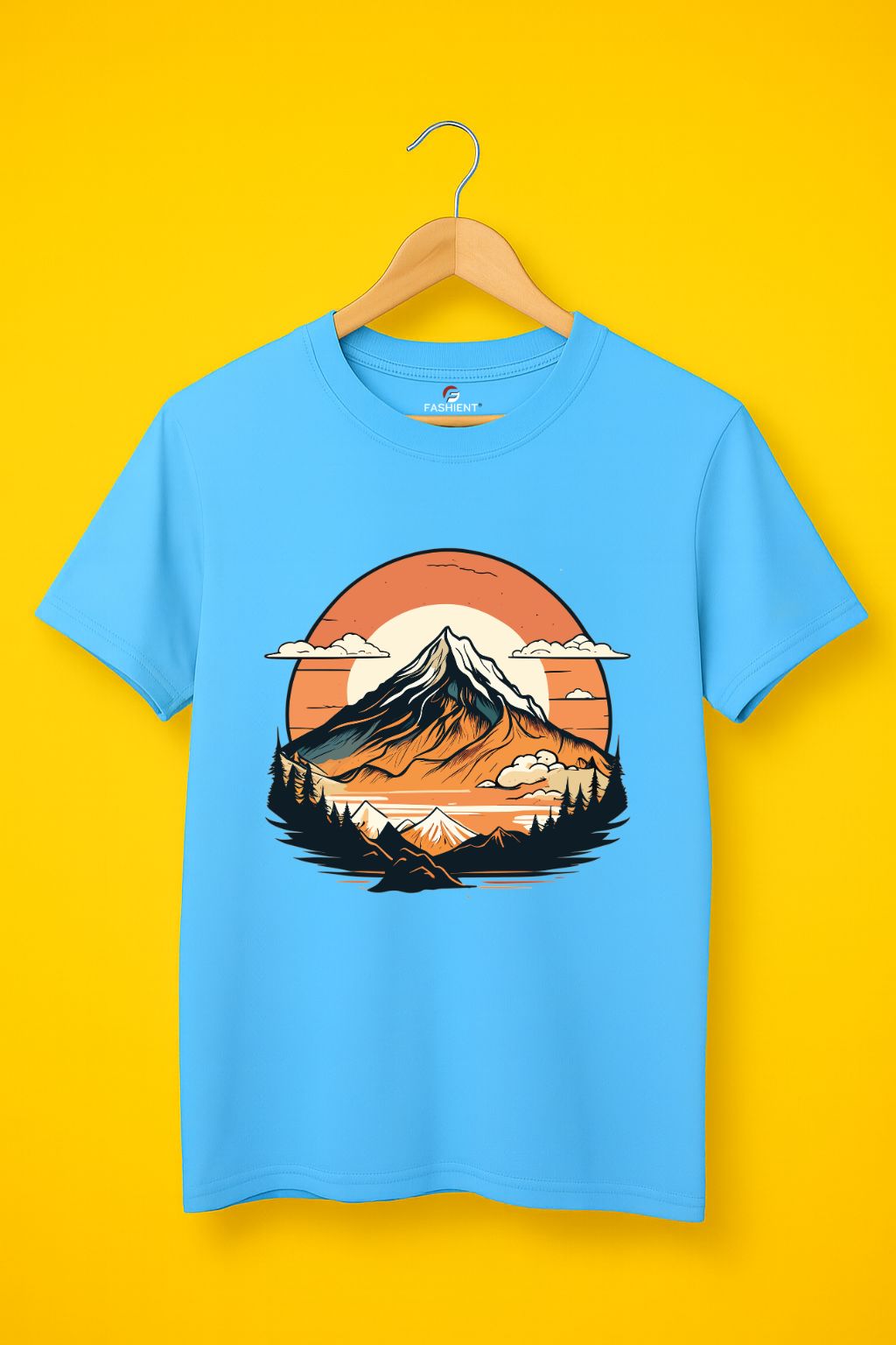 Men's Cotton Printed T-Shirt - "Mountain Sunset Adventure" Nature Graphic Half Sleeve Tee - Skyblue