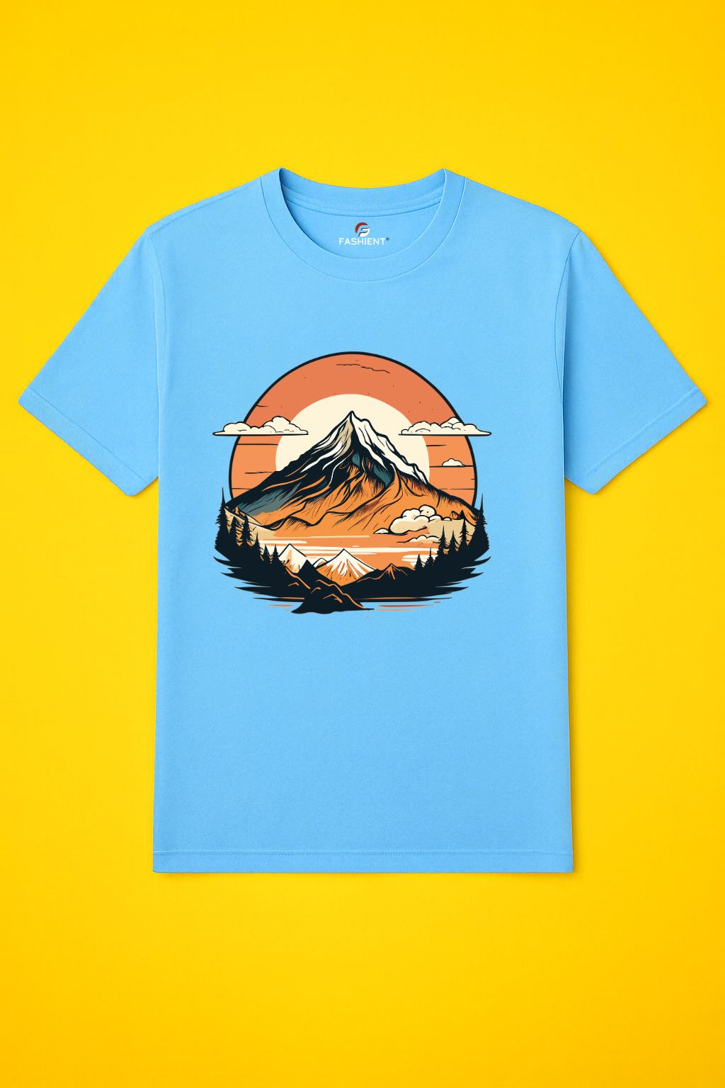 Men's Cotton Printed T-Shirt - "Mountain Sunset Adventure" Nature Graphic Half Sleeve Tee - Skyblue