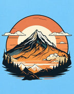 Men's Cotton Printed T-Shirt - "Mountain Sunset Adventure" Nature Graphic Half Sleeve Tee - Skyblue