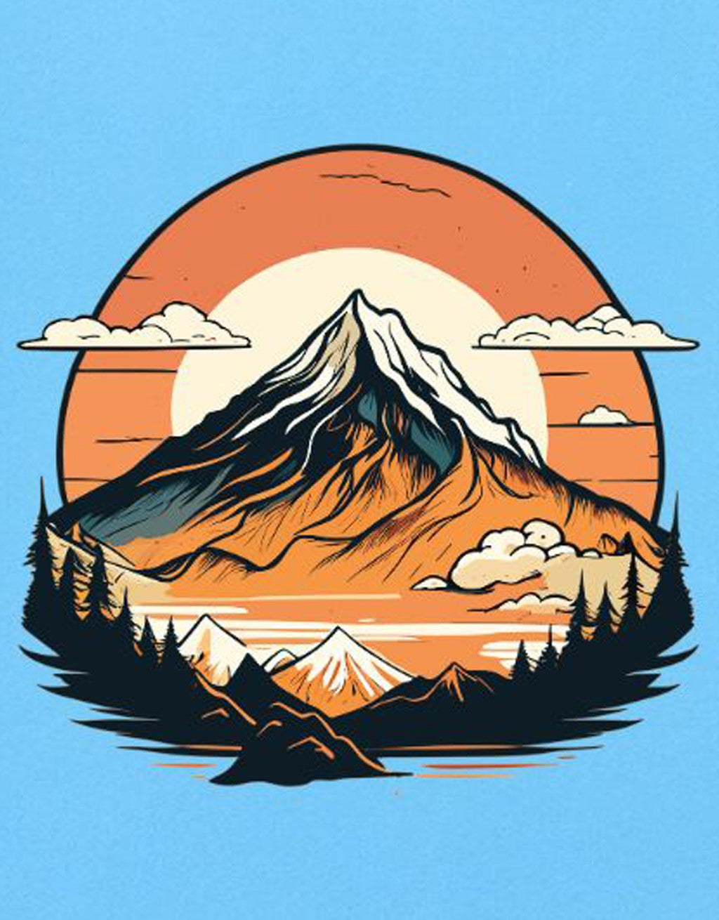 Men's Cotton Printed T-Shirt - "Mountain Sunset Adventure" Nature Graphic Half Sleeve Tee - Skyblue