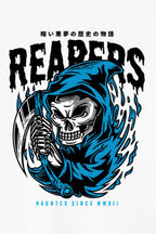 Men's Cotton Printed T-Shirt - "Reapers Skull Graphic" Haunted Streetwear Half Sleeve Tee - White