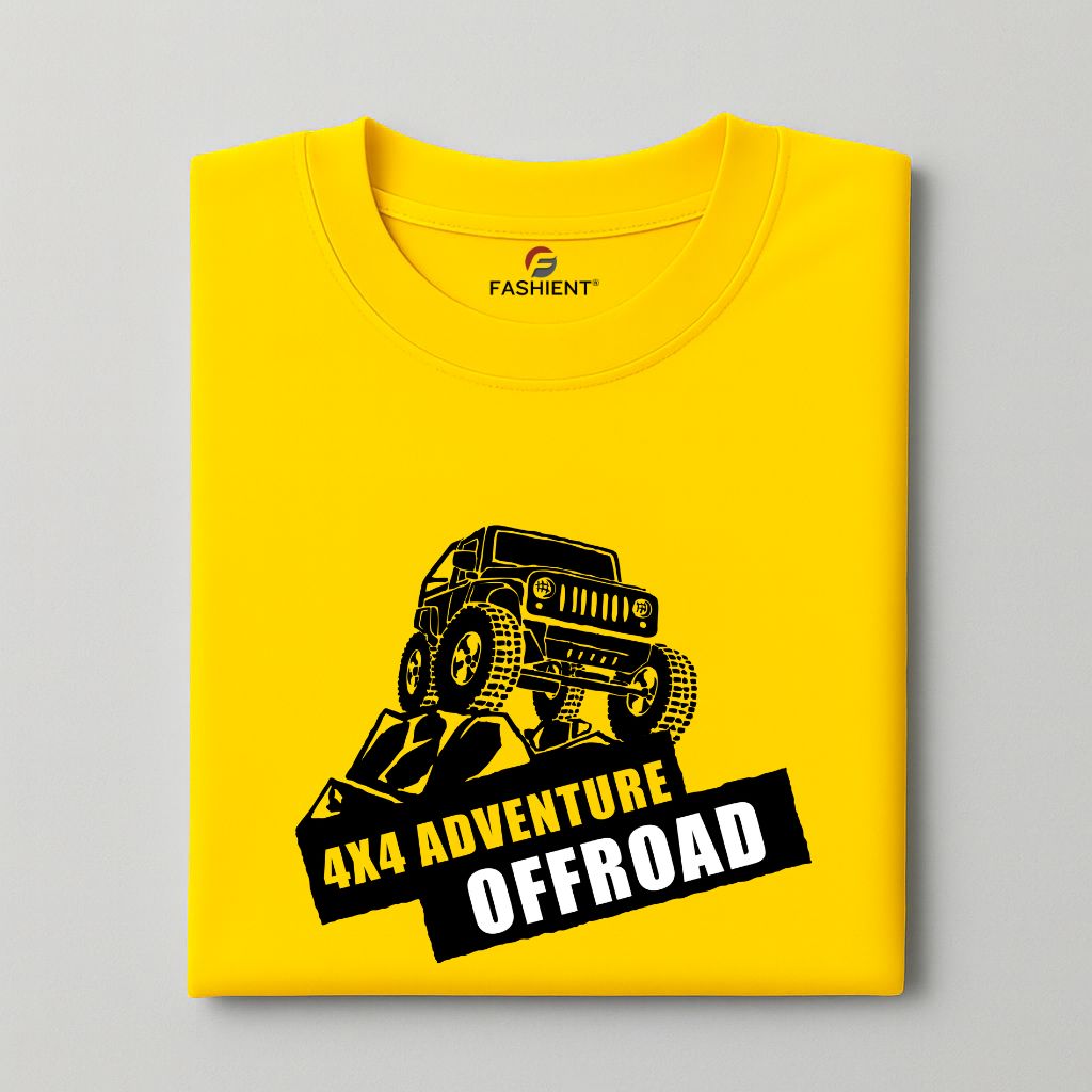 Men's Cotton Printed T-Shirt - "4x4 Adventure Offroad" Jeep Graphic Half Sleeve Tee - Yellow
