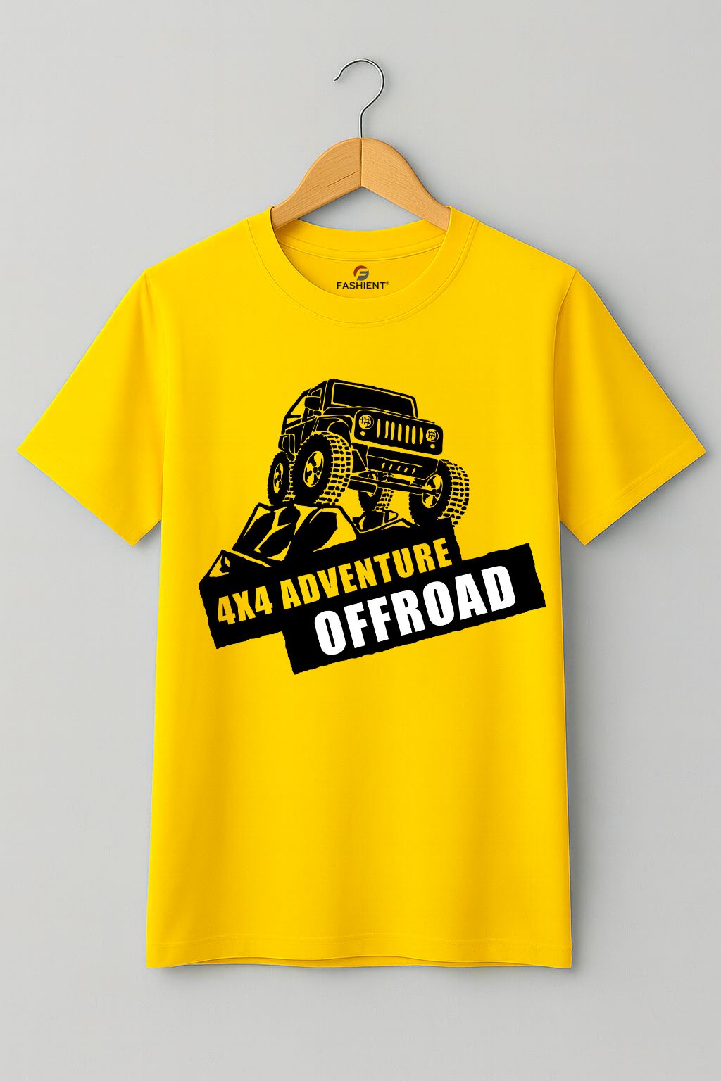 Men's Cotton Printed T-Shirt - "4x4 Adventure Offroad" Jeep Graphic Half Sleeve Tee - Yellow