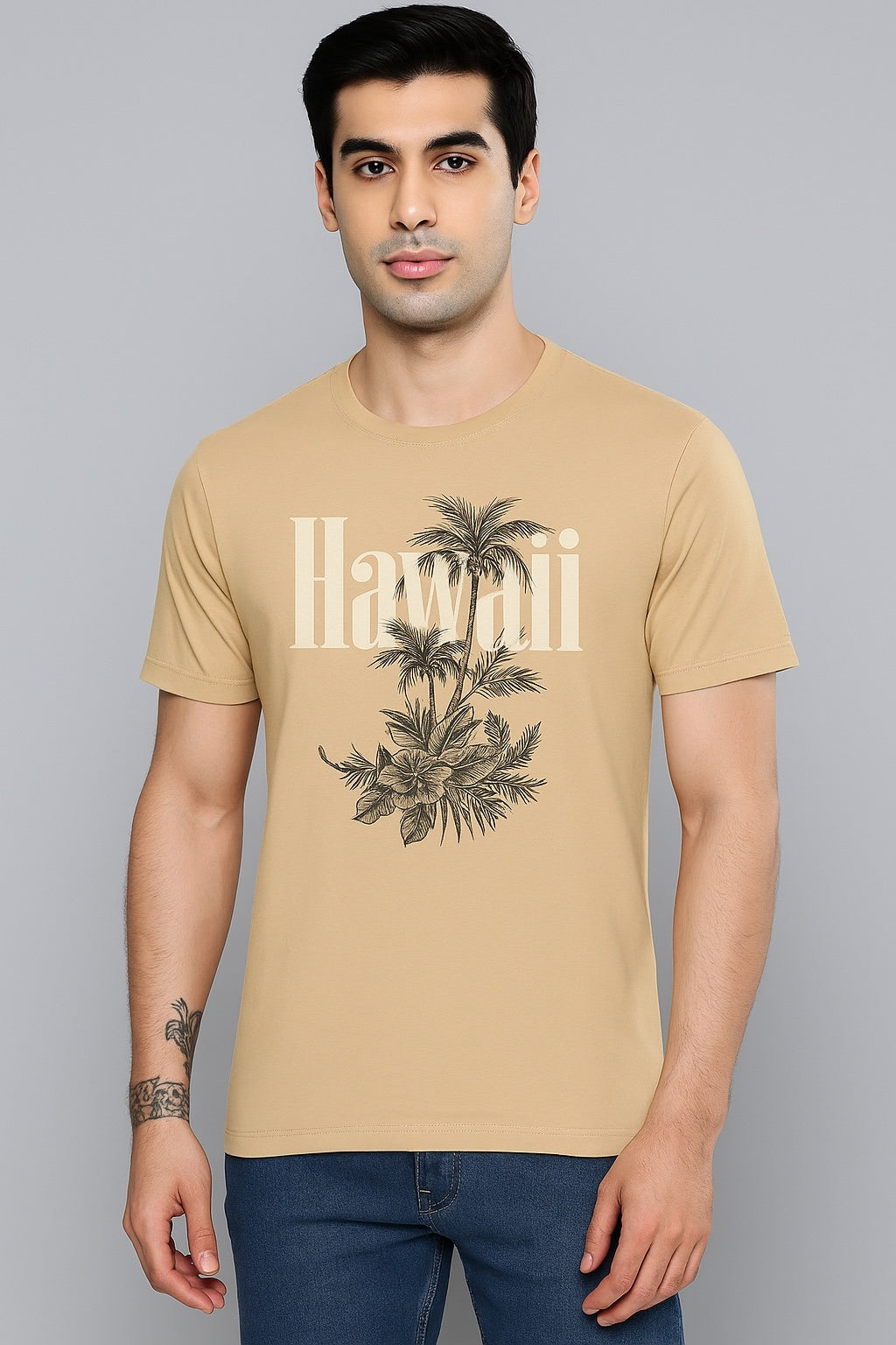Men's Hawaii Tropical Printed Cotton T-Shirt Perfect for holidays and beachwear - Beige