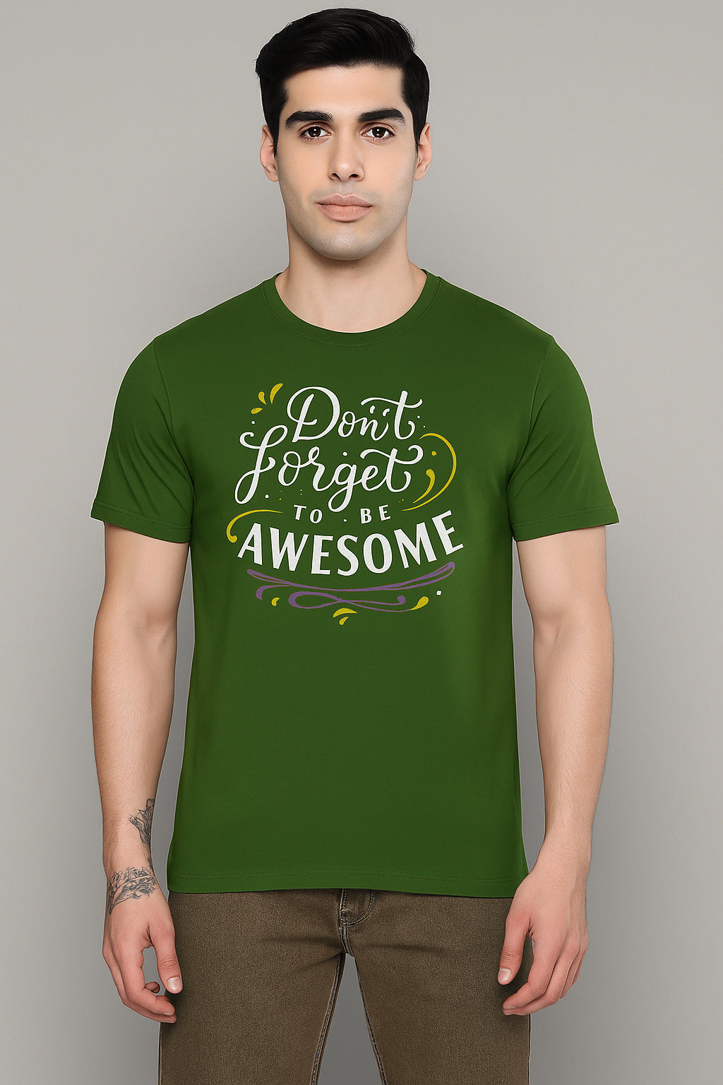 Men's Green Printed T-Shirt - Crew neck and short sleeves for easy, comfortable wear - Green