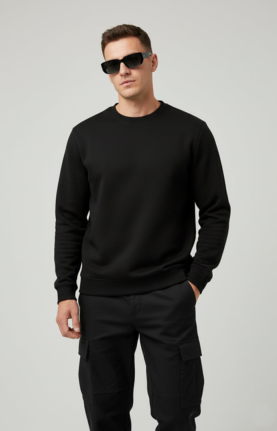 ActiveWear Men’s Solid Cotton Sweatshirt – Casual Crew Neck Full Sleeve Pullover - Black