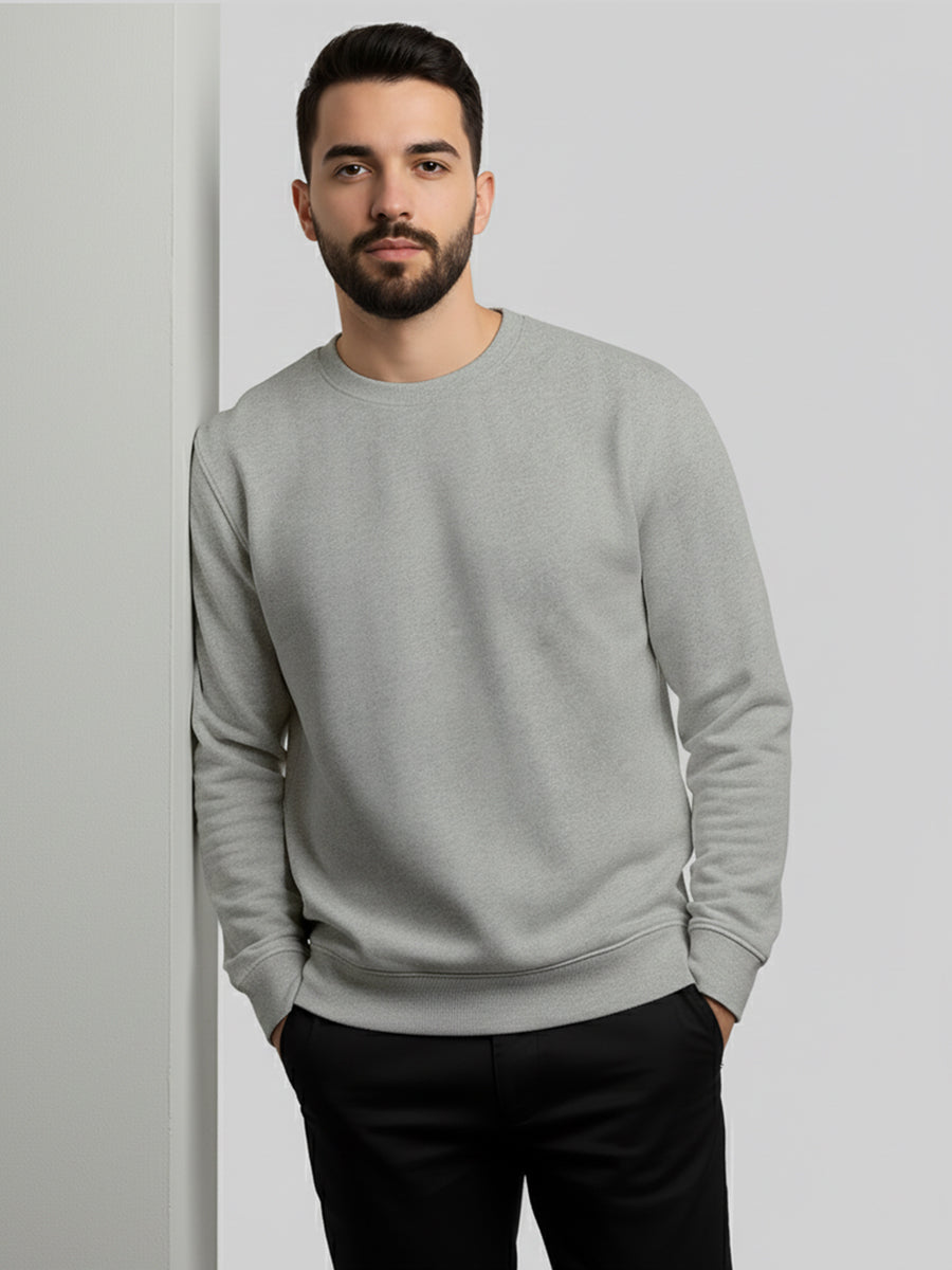 ActiveWear Men’s Solid Cotton Sweatshirt – Casual Crew Neck Full Sleeve Pullover - Grey