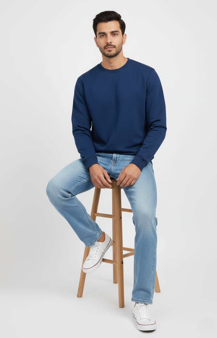 ActiveWear Men’s Solid Cotton Sweatshirt – Casual Crew Neck Full Sleeve Pullover - Navy