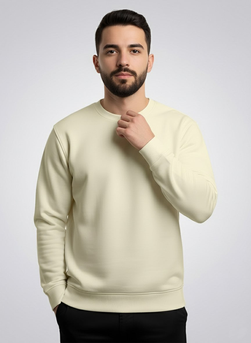 All Day Comfort Men’s Solid Off-white Cotton Sweatshirt – Casual Crew Neck Full Sleeve Pullover - Offwhite