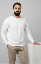ActiveWear Men’s Solid Cotton Sweatshirt – Casual Crew Neck Full Sleeve Pullover - White
