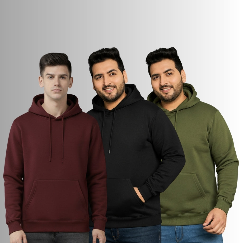 Men’s Premium Cotton Fleece Hoodie – Black, Olive & Maroon Combo | Soft, Warm & Stylish - Black Olive Maroon