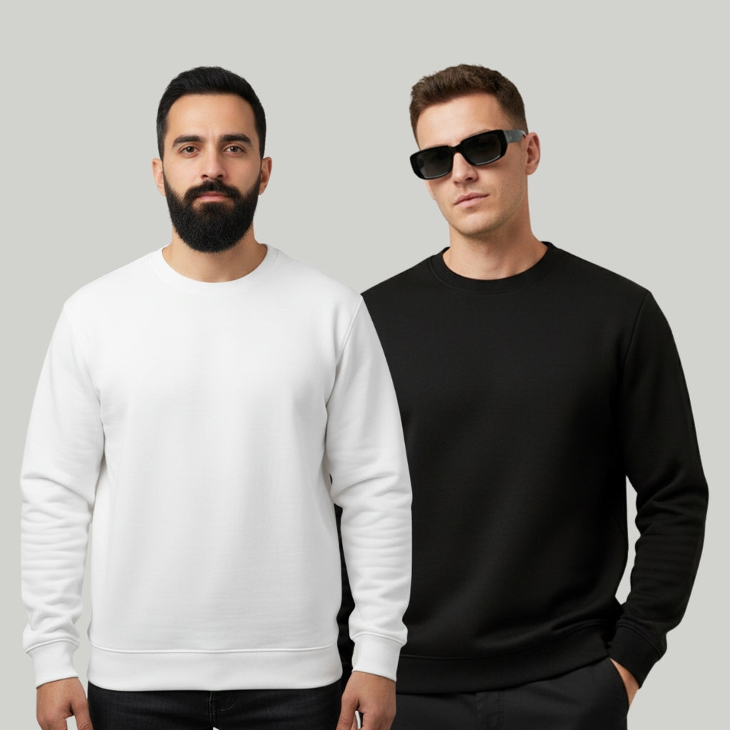 Men’s Cotton Blend Sweatshirt Combo – Regular Fit, Crew Neck - Black White