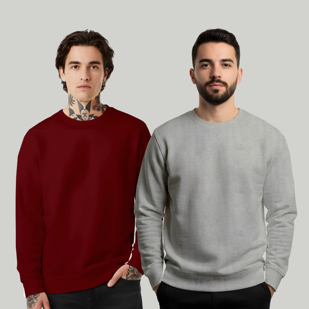 Men’s Sweatshirt Combo – Warm Cotton Blend, Regular Fit - Grey Maroon