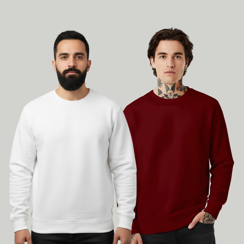 Men’s Sweatshirt Combo (White & Maroon) – Cotton Blend, Regular Fit, Crew Neck - White Maroon