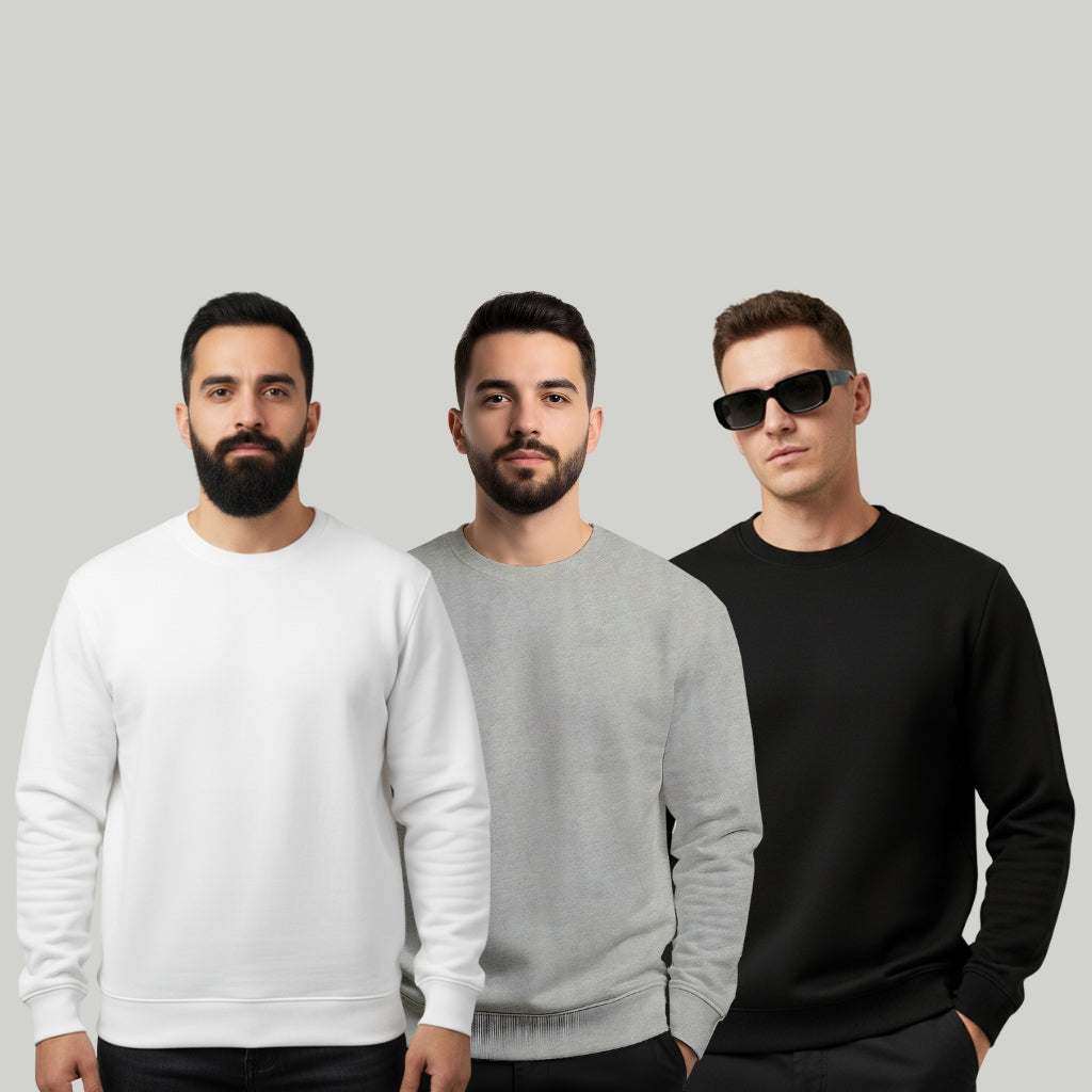 Men’s Sweatshirt Combo (White, Grey & Black) – Cotton Blend, Crew Neck, Regular Fit - Black Grey White
