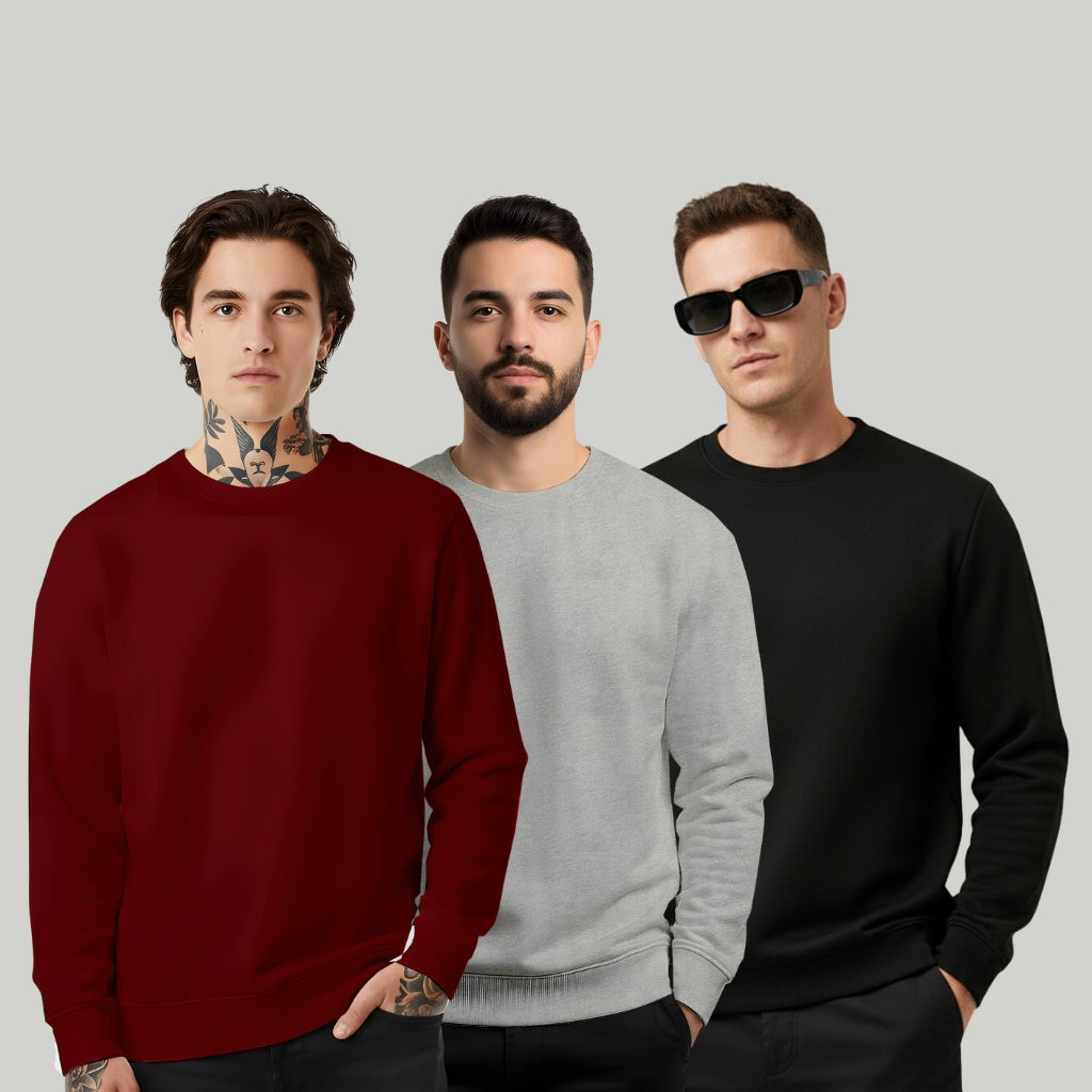 Men’s Sweatshirt Combo (Maroon, Grey & Black) – Cotton Blend, Regular Fit, Crew Neck - Black Maroon Grey