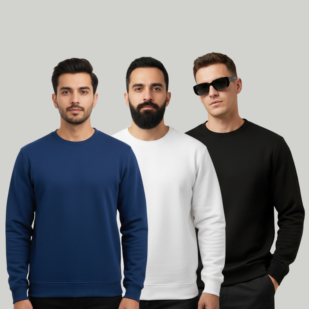 Men’s Sweatshirt Combo (Navy Blue, White & Black) – Cotton Blend, Regular Fit, Crew Neck - Black Navy White