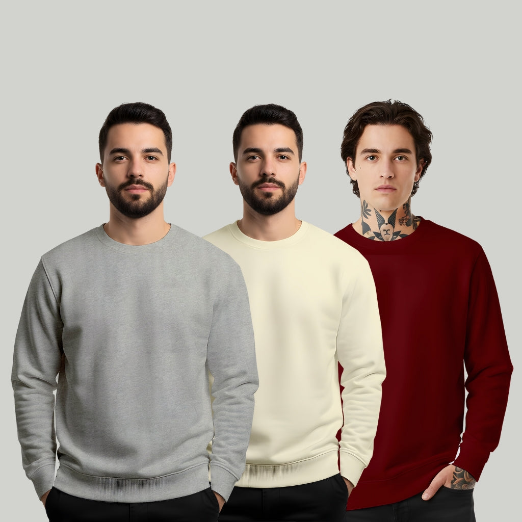 Men’s Sweatshirt Combo Cotton Blend, Crew Neck, Regular Fit - Grey Offwhite Maroon