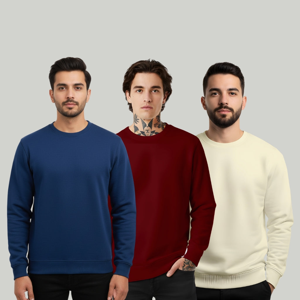 Men’s Sweatshirt Combo (Navy Blue, Maroon & Off-White) – Cotton Blend, Regular Fit, Crew Neck - Navy Maroon Offwhite