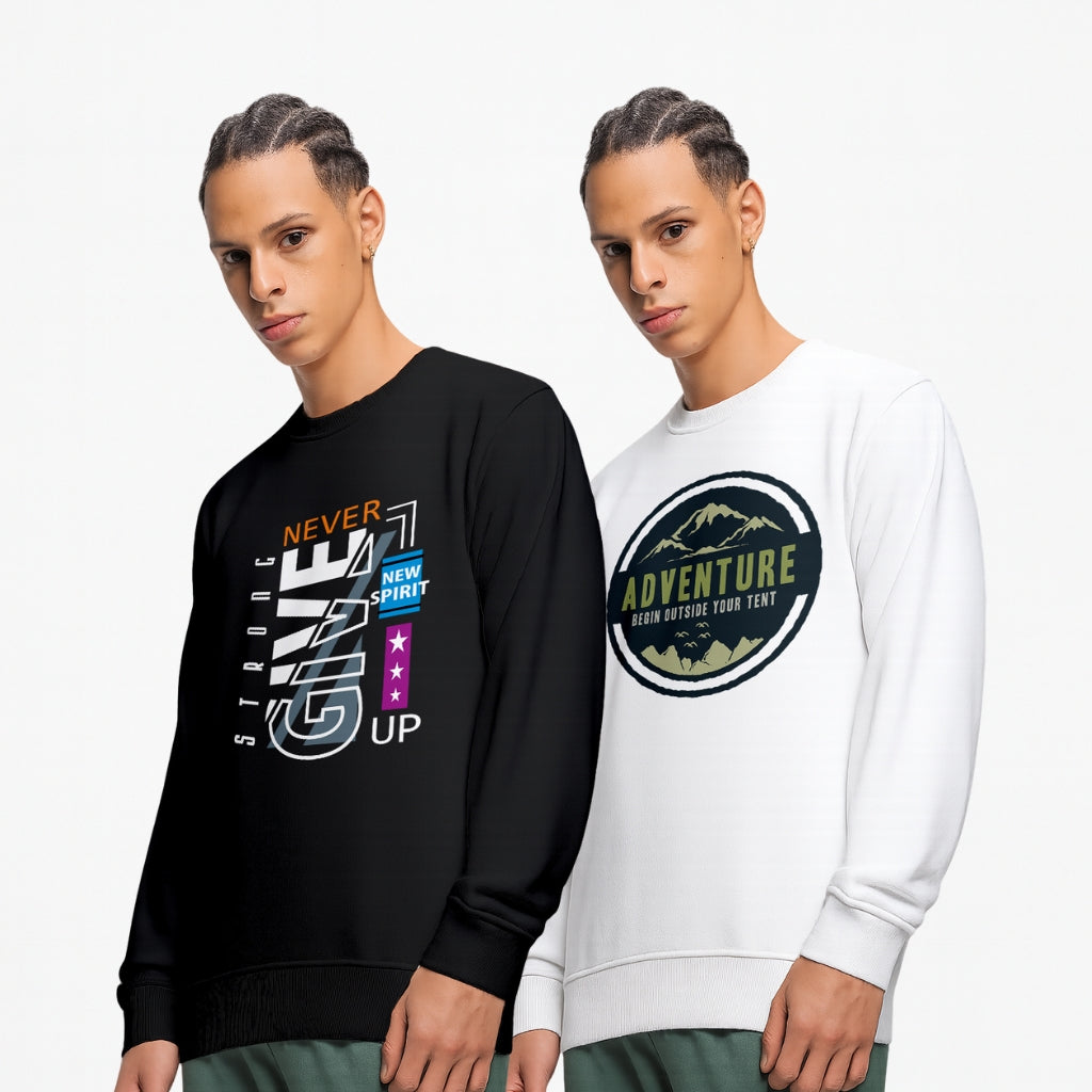 Everyday Wear Men’s Printed Sweatshirt Combo (Pack of 2) – “Never Give Up” & “Adventure” Stylish Graphic Sweatshirts | Casual Winter Wear Pullover - Black White