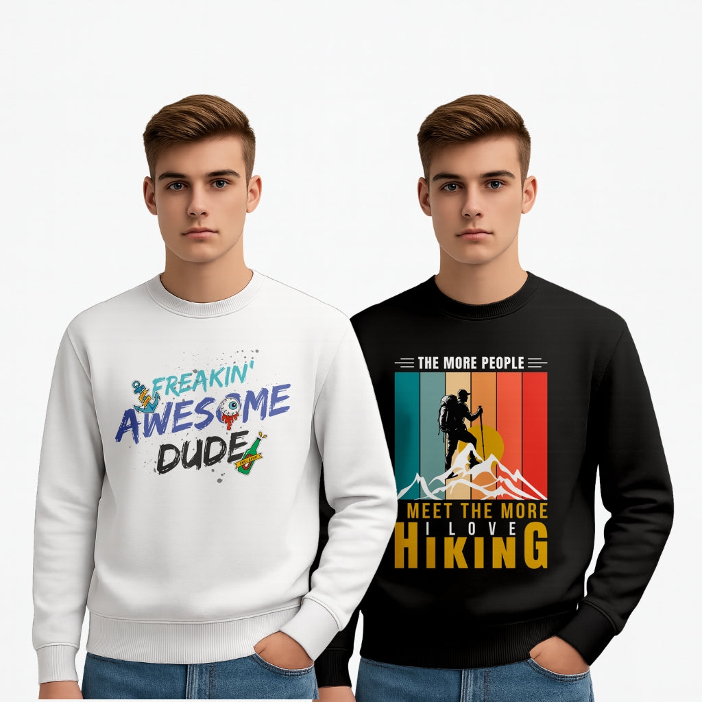 Everyday Wear Men’s Cotton Printed Sweatshirt Combo Pack (Freakin’ Awesome Dude White & Hiking Graphic Black) - Black White