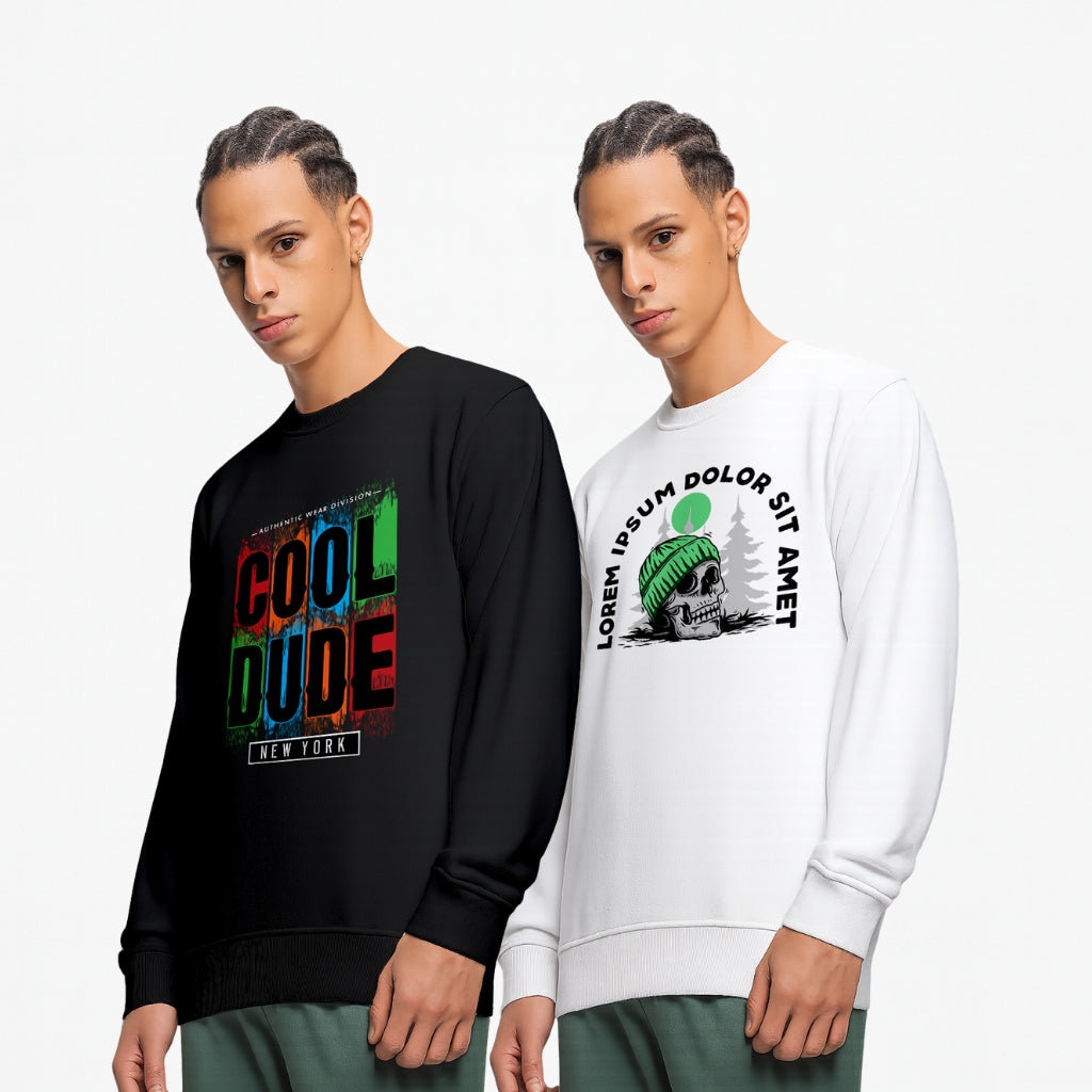 Everyday Wear Unisex Graphic Printed Sweatshirt | “Cool Dude New York” & “Skull Beanie Graphic” Design | Regular Fit Cotton Blend Pullover for Men & Women - Black White