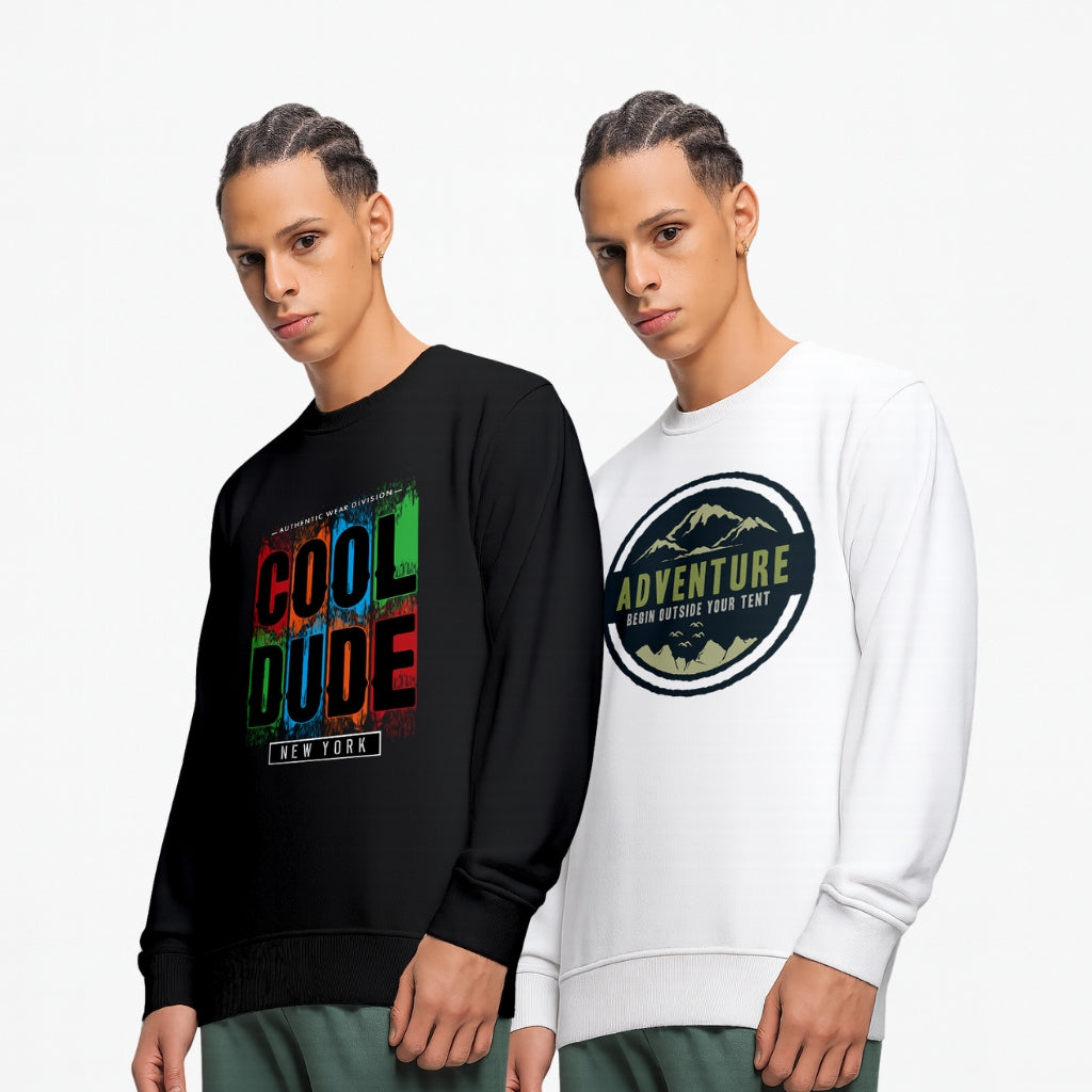 Durable Cotton Men’s Printed Sweatshirt Combo – Black “Cool Dude” & White “Adventure” | Regular Fit Winter Wear - Black White