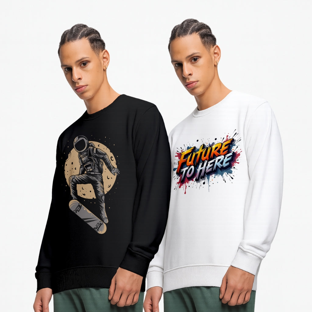 Durable Cotton Men’s Printed Sweatshirt Combo – Black Astronaut & White “Future To Here” | Regular Fit Winter Wear - Black White