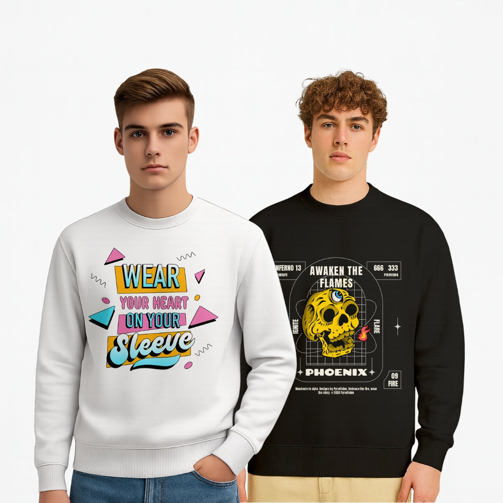 Durable Cotton Men’s Graphic Printed Sweatshirts | 100% Cotton Fleece Pullover for Winter | “Wear Your Heart on Your Sleeve” & “Awaken the Flames” Print - Black White
