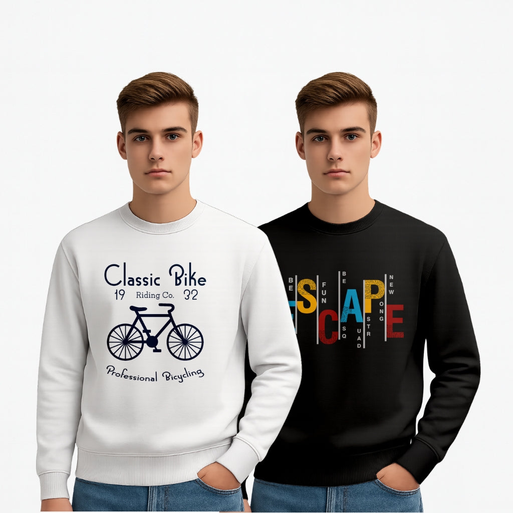 Everyday Wear Men’s Cotton Graphic Printed Sweatshirts | “Classic Bike” & “Escape” Design | Regular Fit Winter Pullover - Black White