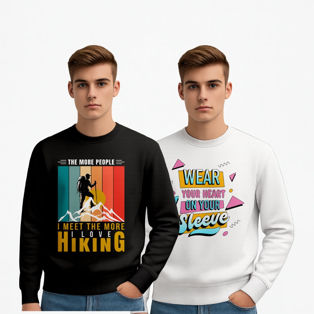 Everyday Wear Men’s Cotton Fleece Printed Sweatshirts | “Hiking Adventure” & “Wear Your Heart on Your Sleeve” Design | Winter Casual Pullover - Black White