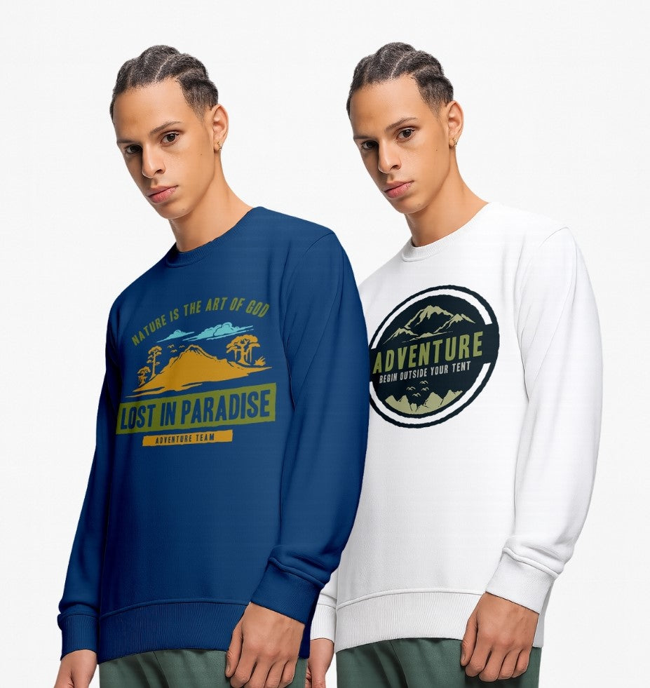 Durable Cotton Mens Graphic Printed Sweatshirt | “Lost in Paradise” & “Adventure Begin Outside Your Tent” Design | Regular Fit Cotton Blend Pullover for Men & Women - White Navy