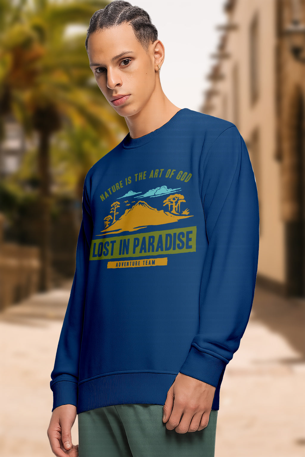 Durable Cotton Mens Graphic Printed Sweatshirt | “Lost in Paradise” & “Adventure Begin Outside Your Tent” Design | Regular Fit Cotton Blend Pullover for Men & Women - White Navy