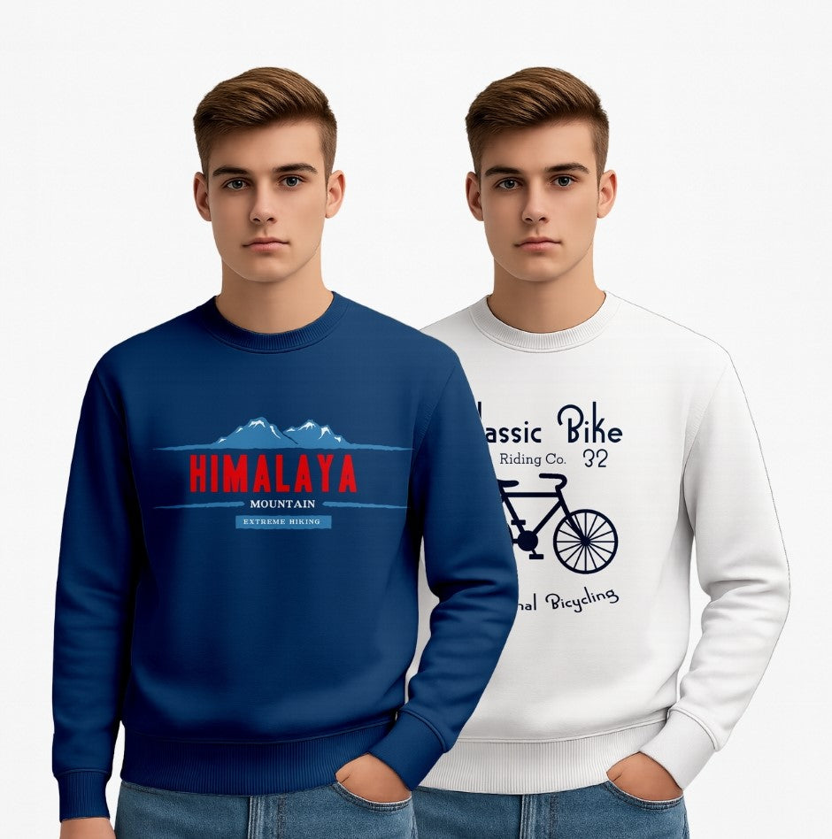 Durable Cotton Men’s Printed Sweatshirt Combo Pack (Set of 2) – Himalaya & Classic Bike Prints | Winter Wear Pullover for Men - White Navy