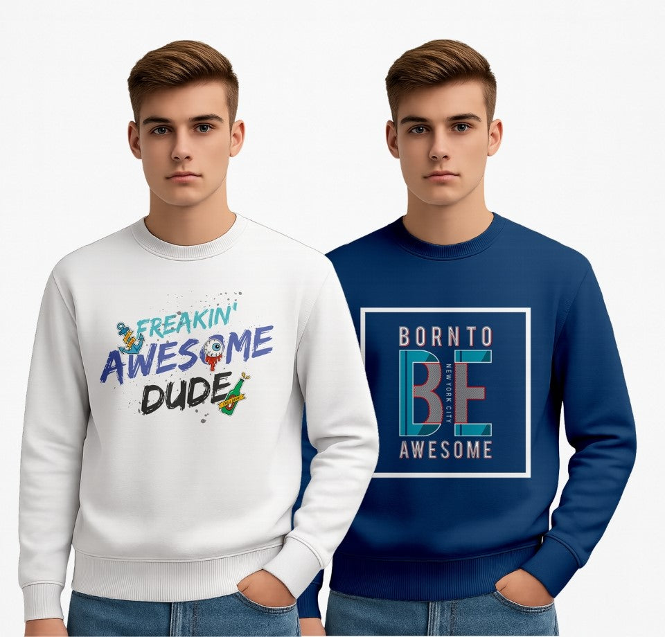 Everyday Wear Men’s Cotton Printed Sweatshirt Combo Pack (Set of 2) – Freakin’ Awesome Dude & Born To Be Awesome Prints | Stylish Winter Pullover for Men - White Navy