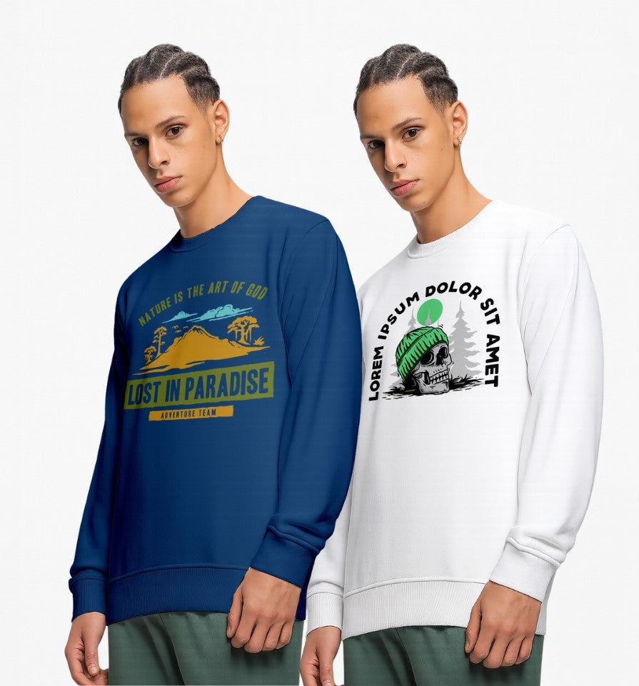 Durable Cotton Men’s Graphic Sweatshirt – “Lost in Paradise” & “Adventure Skull” Printed Crew Neck Pullover - White Navy